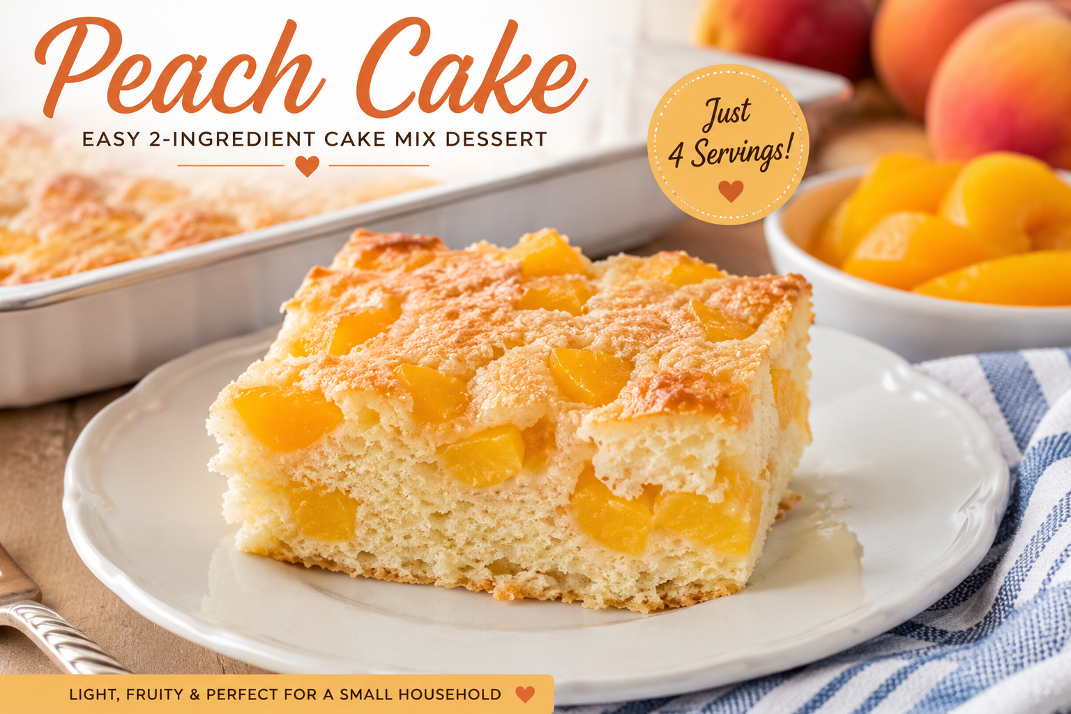 Slice of peach angel food cake made with canned peaches and angel food cake mix served on a white plate with baking dish in the background