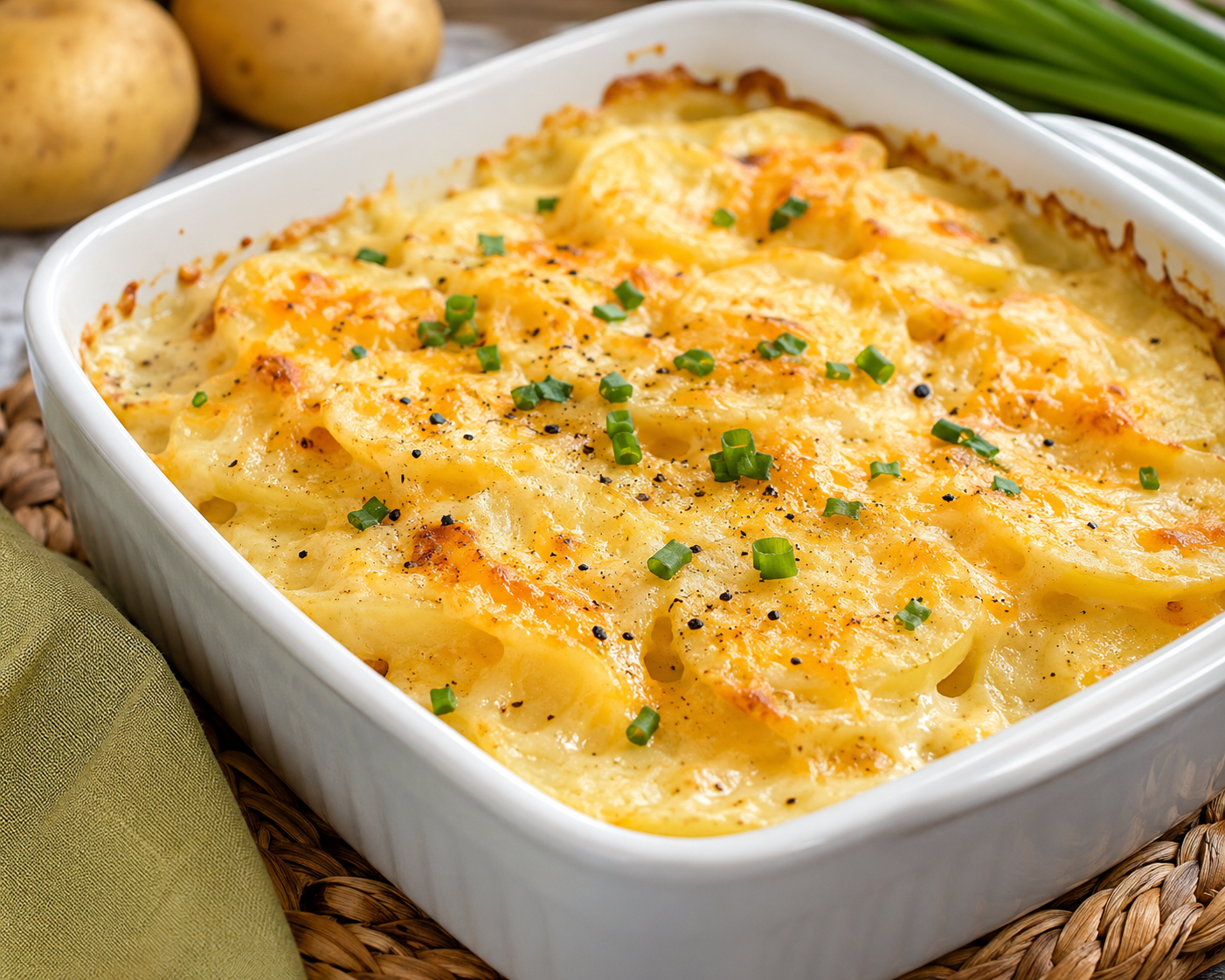 Creamy cheesy au gratin potatoes baked in a white casserole dish with golden melted cheese, sliced potatoes, black pepper, and green onions.