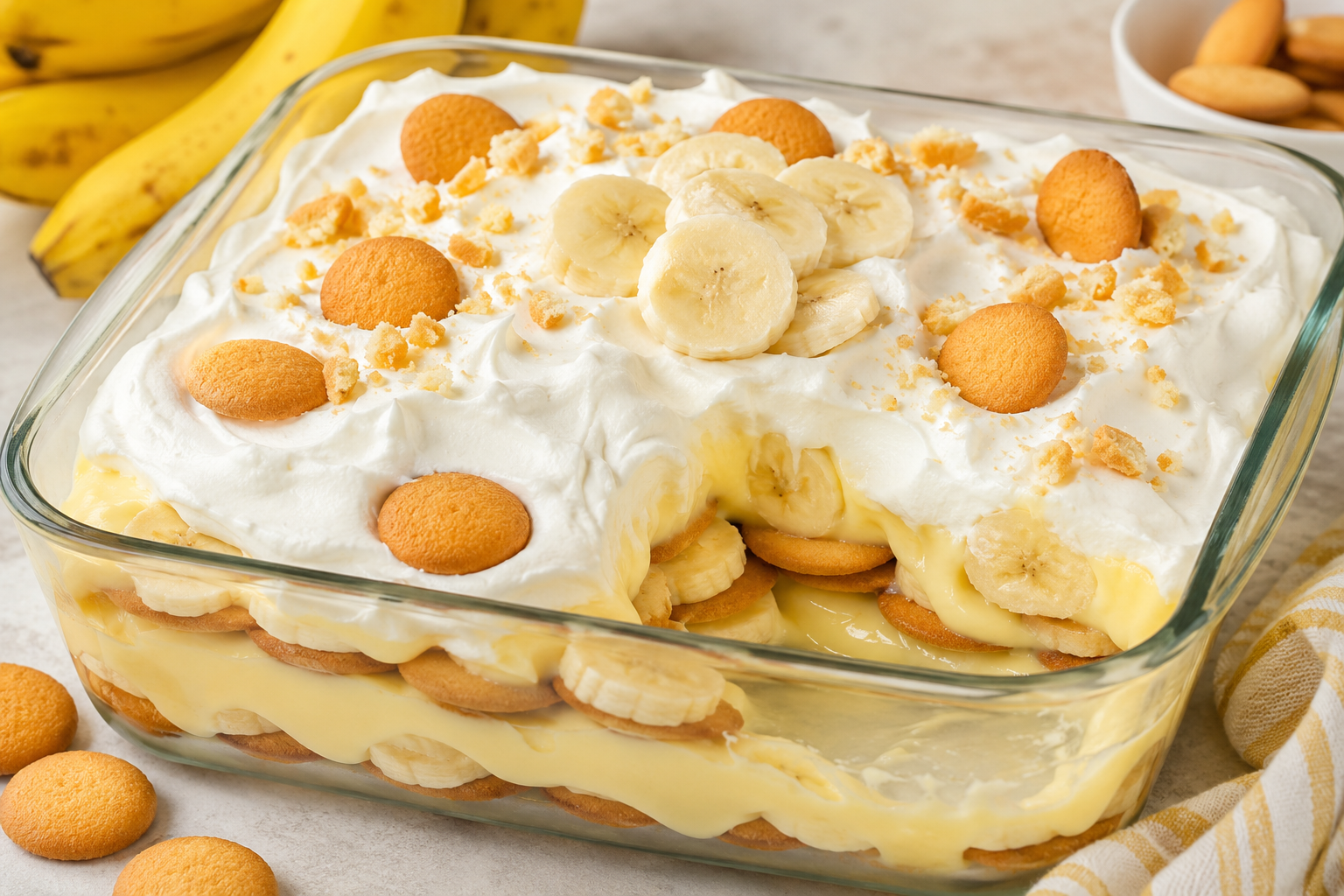 Homemade banana pudding layered with vanilla wafers, fresh banana slices, creamy vanilla pudding, and whipped topping in a glass baking dish.