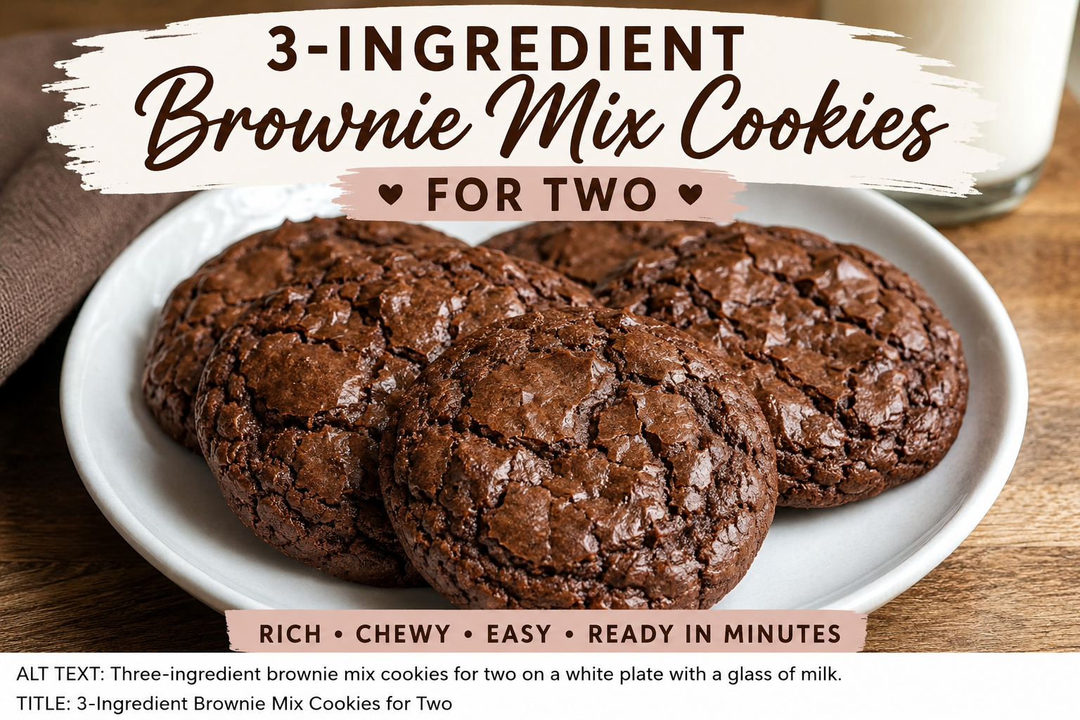 Three fudgy brownie mix cookies for two on a white plate with a glass of milk in the background.