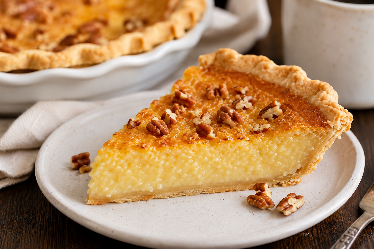 Slice of creamy buttermilk pie topped with pecans on a plate with flaky crust and rustic kitchen background.