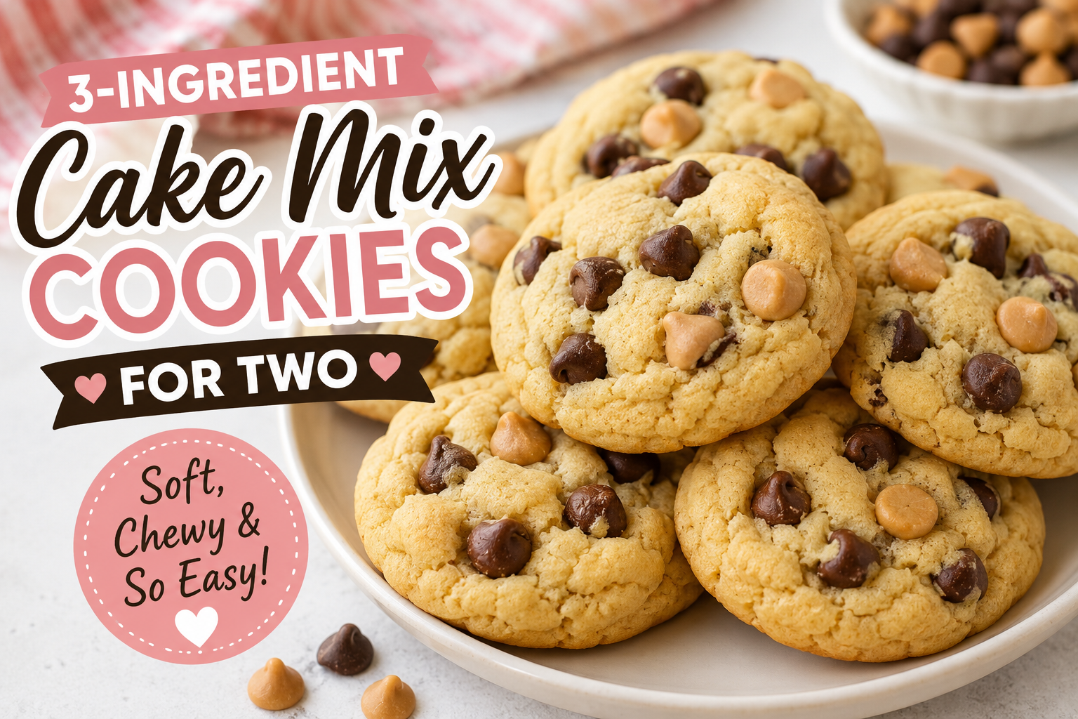 Plate of soft and chewy small batch cake mix cookies with chocolate and peanut butter chips, made with just 3 ingredients for an easy dessert for two.