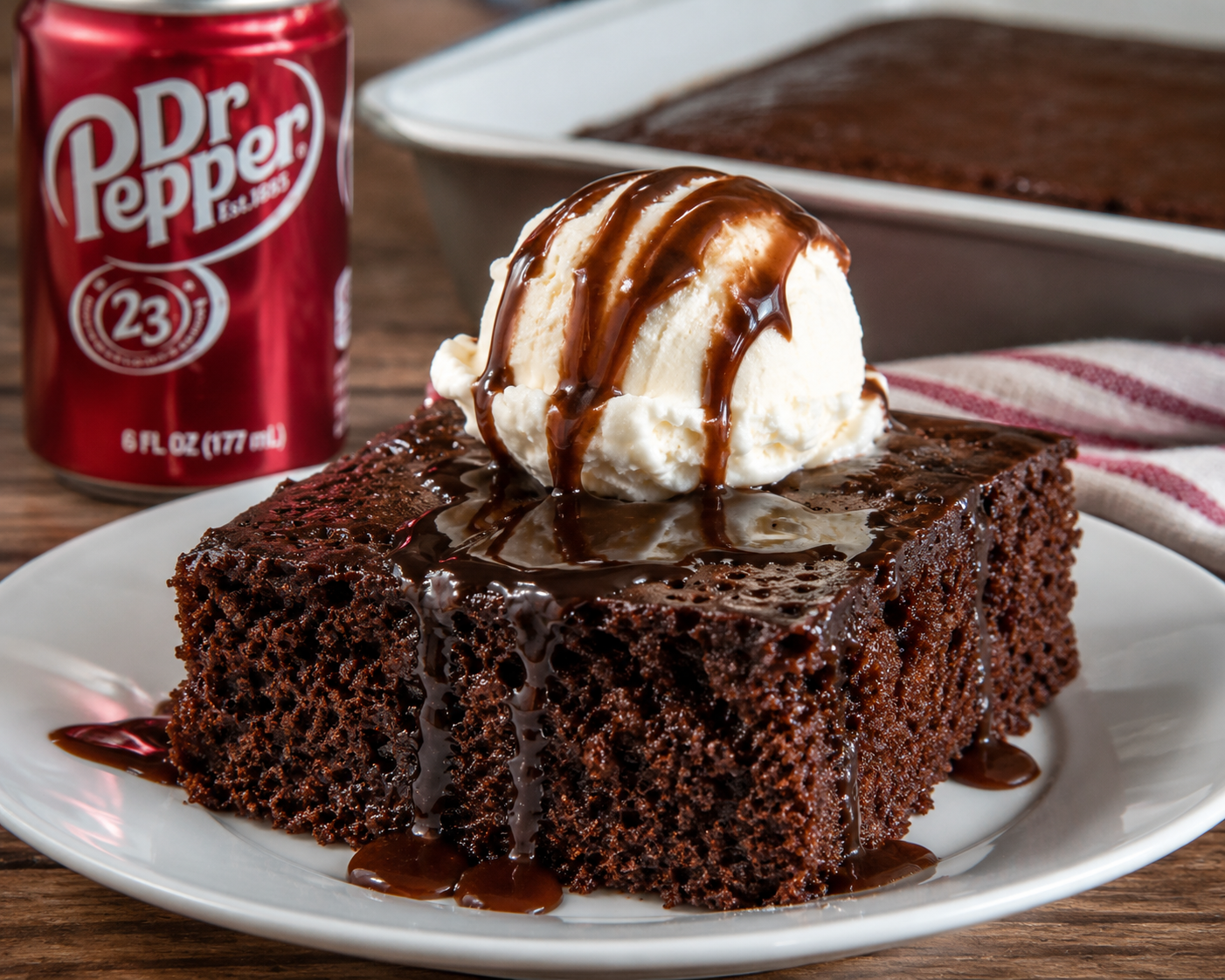 Slice of cake with ice cream and chocolate drizzle on a white plate