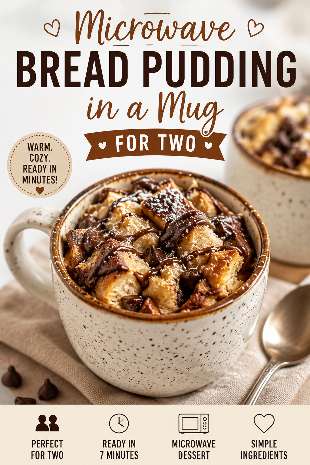 Microwave bread pudding in a mug for two topped with melted chocolate and powdered sugar in a cozy kitchen setting.