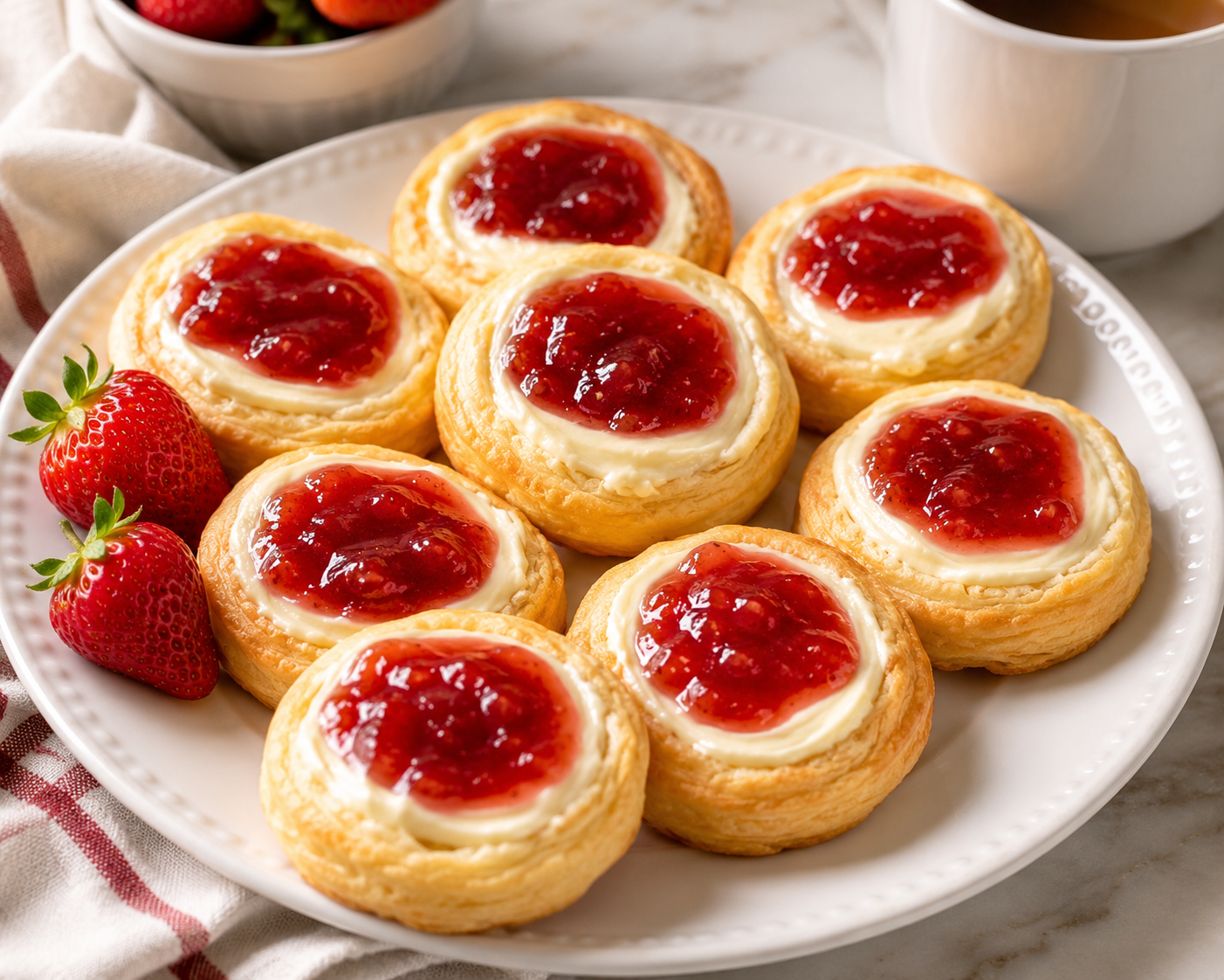 Golden crescent roll cookies topped with sweet cream cheese filling and strawberry jam on a white plate with fresh strawberries and coffee.