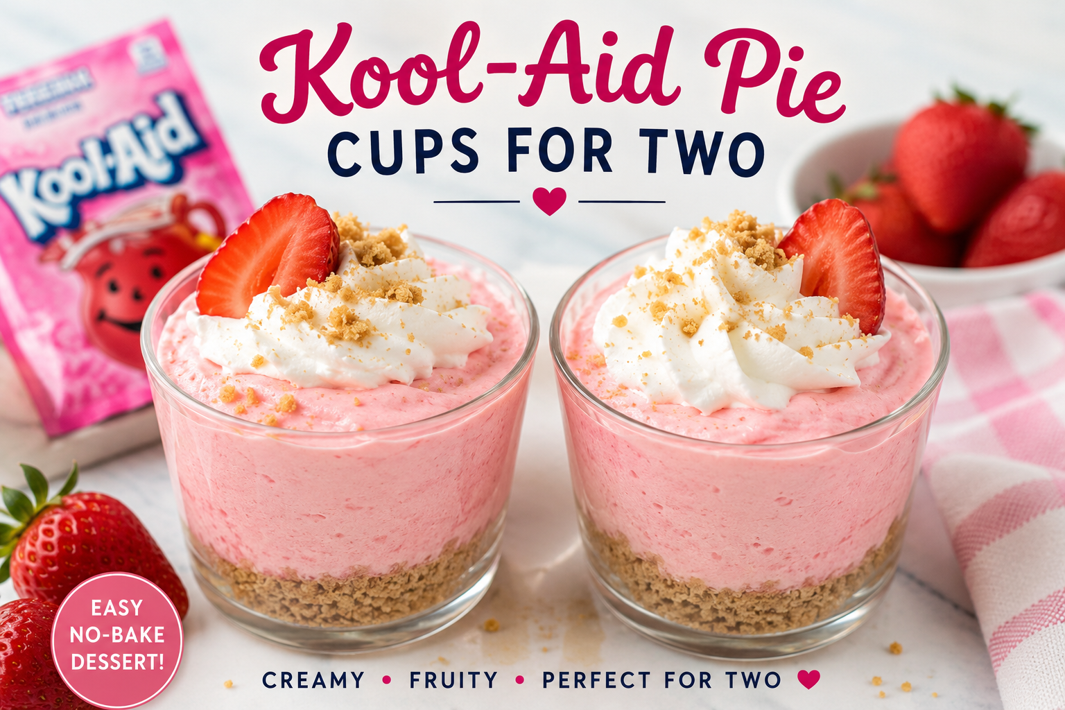 Two colorful no-bake Kool-Aid pie cups topped with whipped cream and sprinkles, served in clear dessert glasses with graham cracker crusts and bright fruity filling.