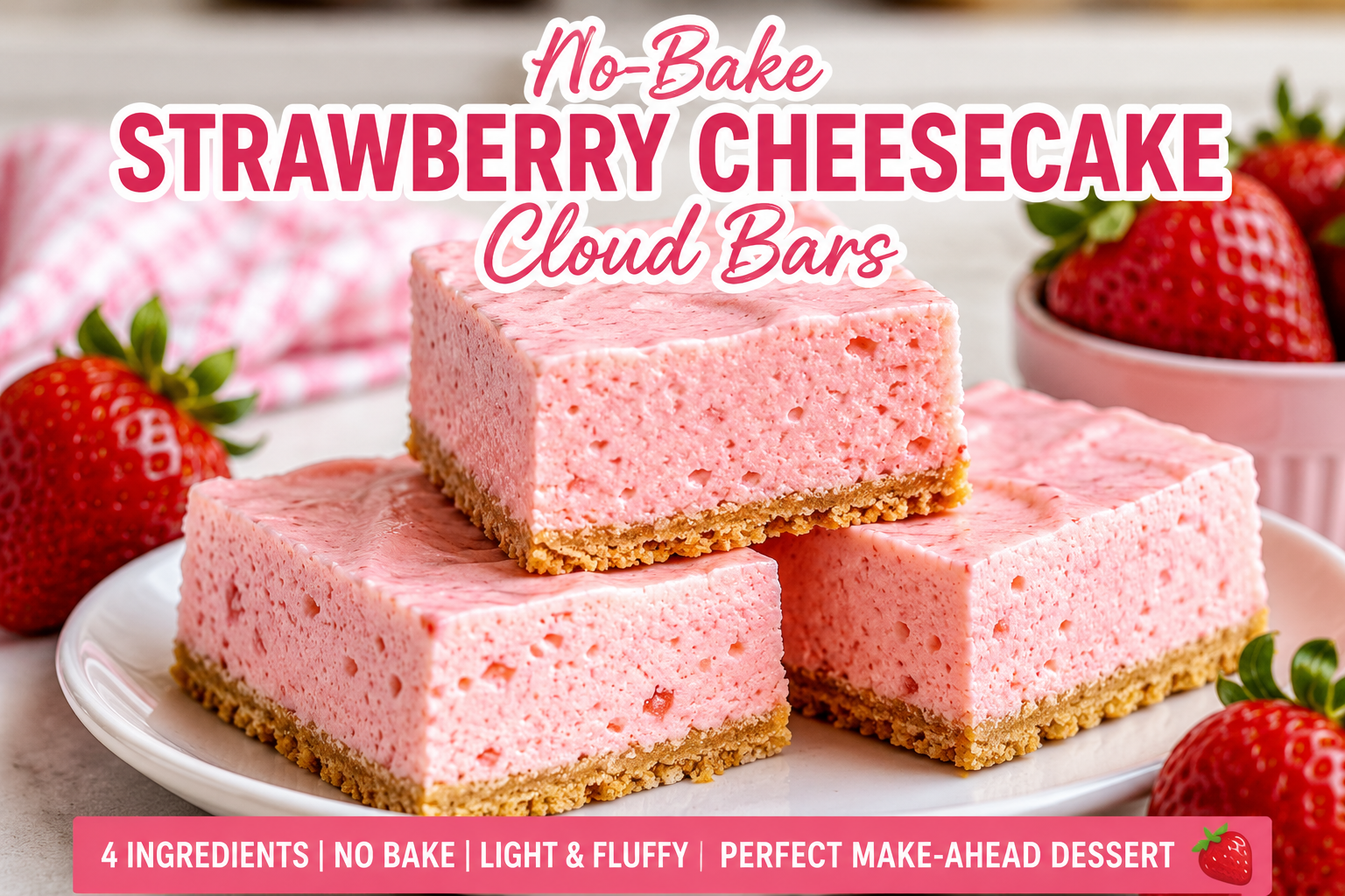Three light and fluffy no-bake strawberry cheesecake cloud bars with a buttery graham cracker crust, arranged on a white plate and garnished with fresh strawberries.
